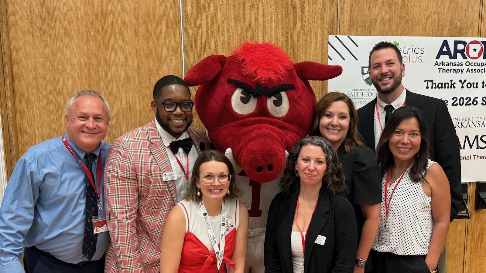 The Occupation Therapy program faculty includes Steven Wheeler, Brendan Cook, Shaina Meyer, (mascot Big Red), Amanda Troillett, Kandy Salter, Johnny Rider and Glenda Hux.